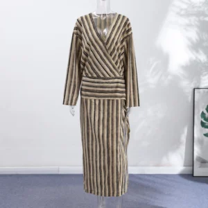 Long-Sleeve Striped Maxi Dress with Shaped Waist