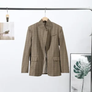 Brown Checked Stand-Collar Blazer
