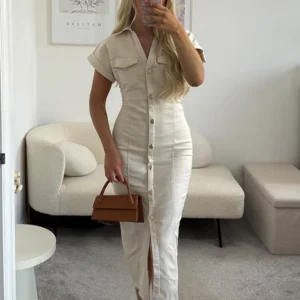 Fitted Button-Front Midi Dress in Two Sleeve Styles