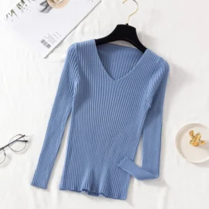 Ribbed V-Neck Long-Sleeve Pullover