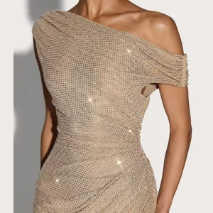 Champagne-Tone Draped Sparkle Maxi Dress