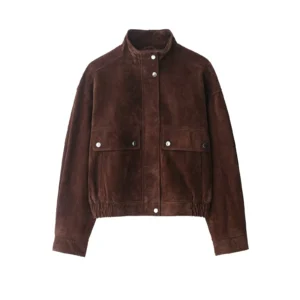 Brown Suede-Look Stand-Collar Pocket Jacket