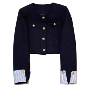 Navy Textured Cropped Jacket with Striped Cuffs