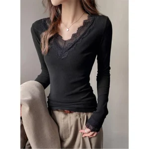 Lace-Trim V-Neck Long-Sleeve Tee