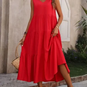 Sleeveless V-Neck Tiered Midi Dress
