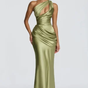 One-Shoulder Satin-Finish Gown with Draped Cutout Bodice