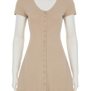 Short-Sleeve Ribbed Mini Dress with Button Detail