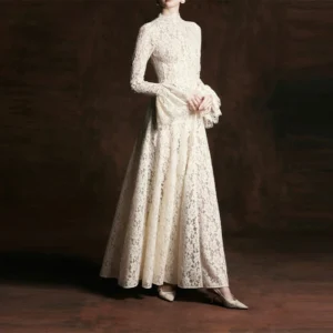 High-Neck Lace Maxi Dress with Flared Cuffs