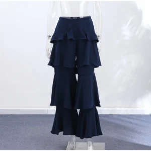 Navy Tiered-Ruffle Wide-Leg Trousers
