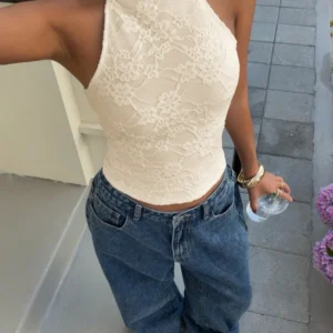 High-Neck Lace Halter Crop Top