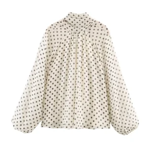 Polka-Dot Tie-Neck Blouse with Gathered Sleeves