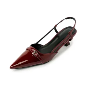 Glossy Pointed-Toe Slingback Heels with Buckle Detail