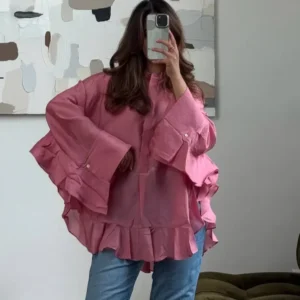 Pink Relaxed Blouse with Ruffled Cuffs and Hem