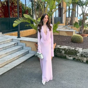 Long-Sleeve Plunge-Neck Maxi Dress