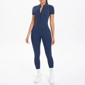 Short-Sleeve Zip-Neck Open-Back Jumpsuit