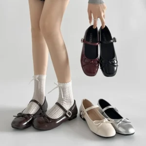 Bow-Front Mary Jane Flats with Buckle Straps