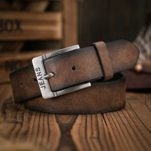 Distressed-Effect PU Belt with Jeans Buckle