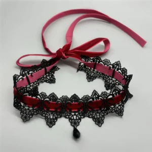 Floral Lace Choker with Ribbon Tie and Teardrop Pendant