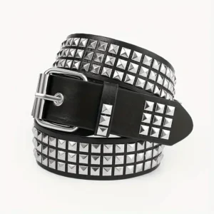 Black Faux-Leather Belt with Pyramid Studs