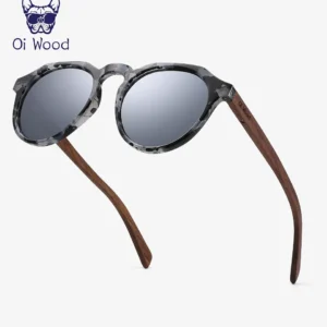 Round Polarized Sunglasses with Wood Temples