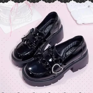 Glossy Black Platform Loafers with Heart Details