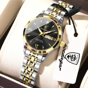 Two-tone bracelet, black dial / سوار ثنائي اللون وميناء أسود