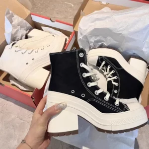Canvas Lace-Up Ankle Boots with Block Heels