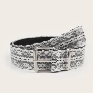 White Lace-Overlay Belt with Decorative Buckle