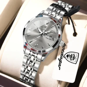 Compact Day-Date Quartz Watch with Linked Bracelet