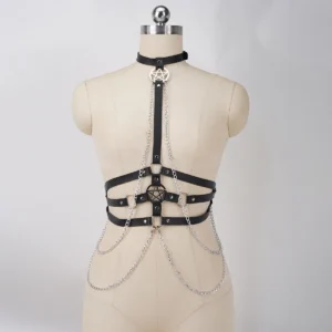 Black PU Harness Belt with Decorative Chains