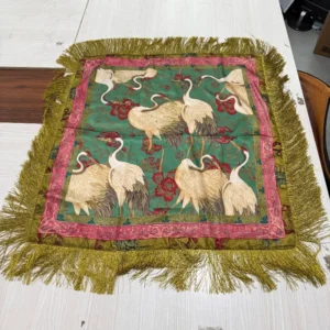 Crane-Print Square Scarf with Olive Fringe