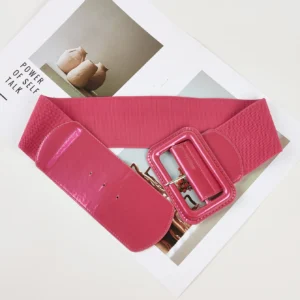Wide Elastic Belt with Glossy Rectangular Buckle