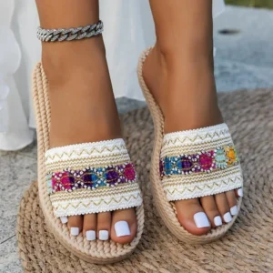 Embellished Woven-Look Flat Slides