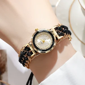 Braided Cord Quartz Watch with Gold-Tone Links