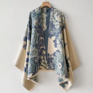 Floral Woven Shawl with Fine Fringed Edges