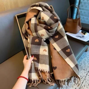 Heart-and-Check Fringed Scarf