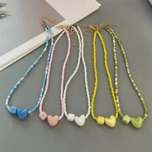 Seed-Bead Heart Necklace with Square Accents