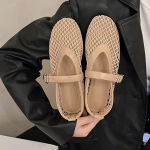 Fishnet Mary Jane Flats with Buckle Straps