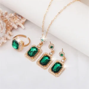 Green Rhinestone Necklace, Earring and Ring Set